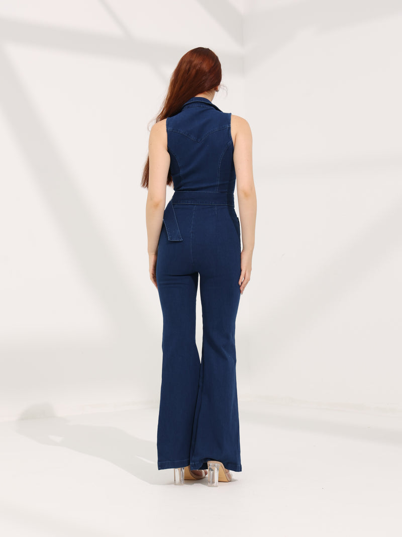 Zip Up Denim Flare Leg Jumpsuit