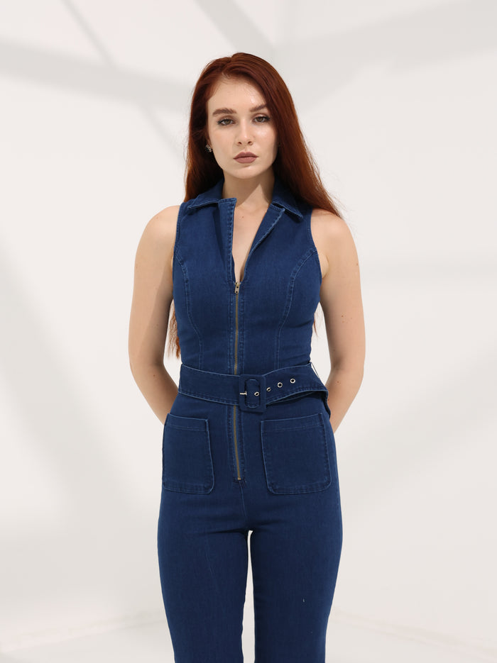 Zip Up Denim Flare Leg Jumpsuit