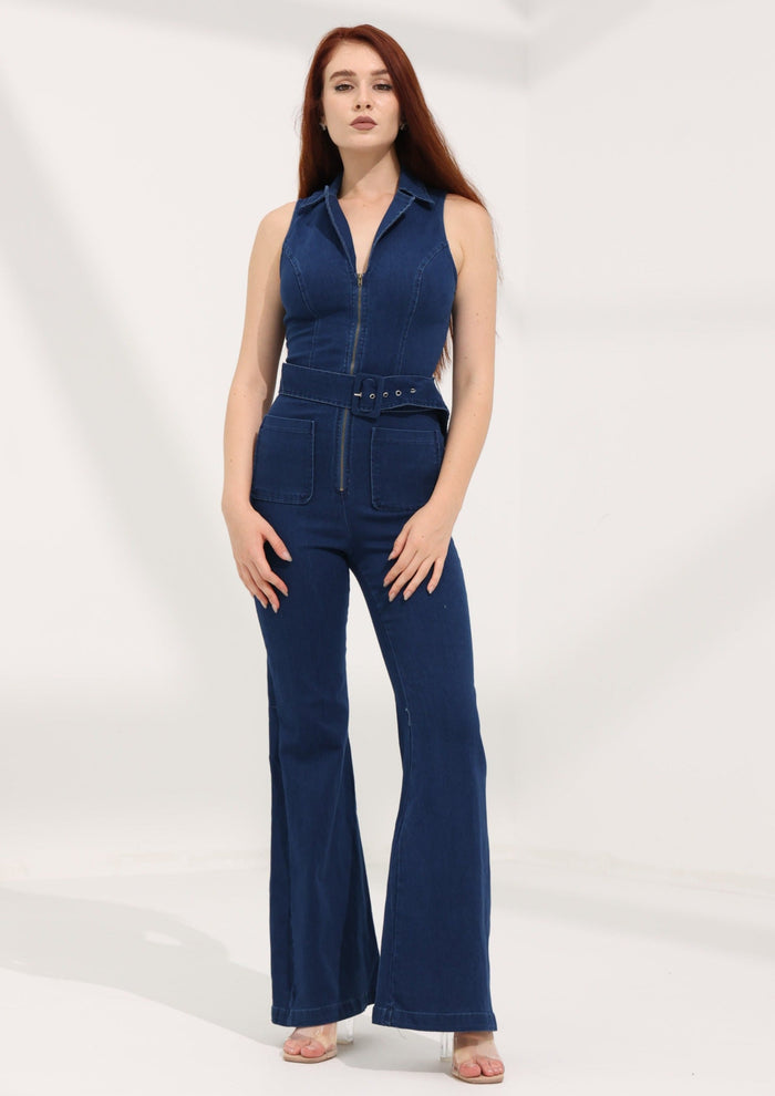 Zip Up Denim Flare Leg Jumpsuit