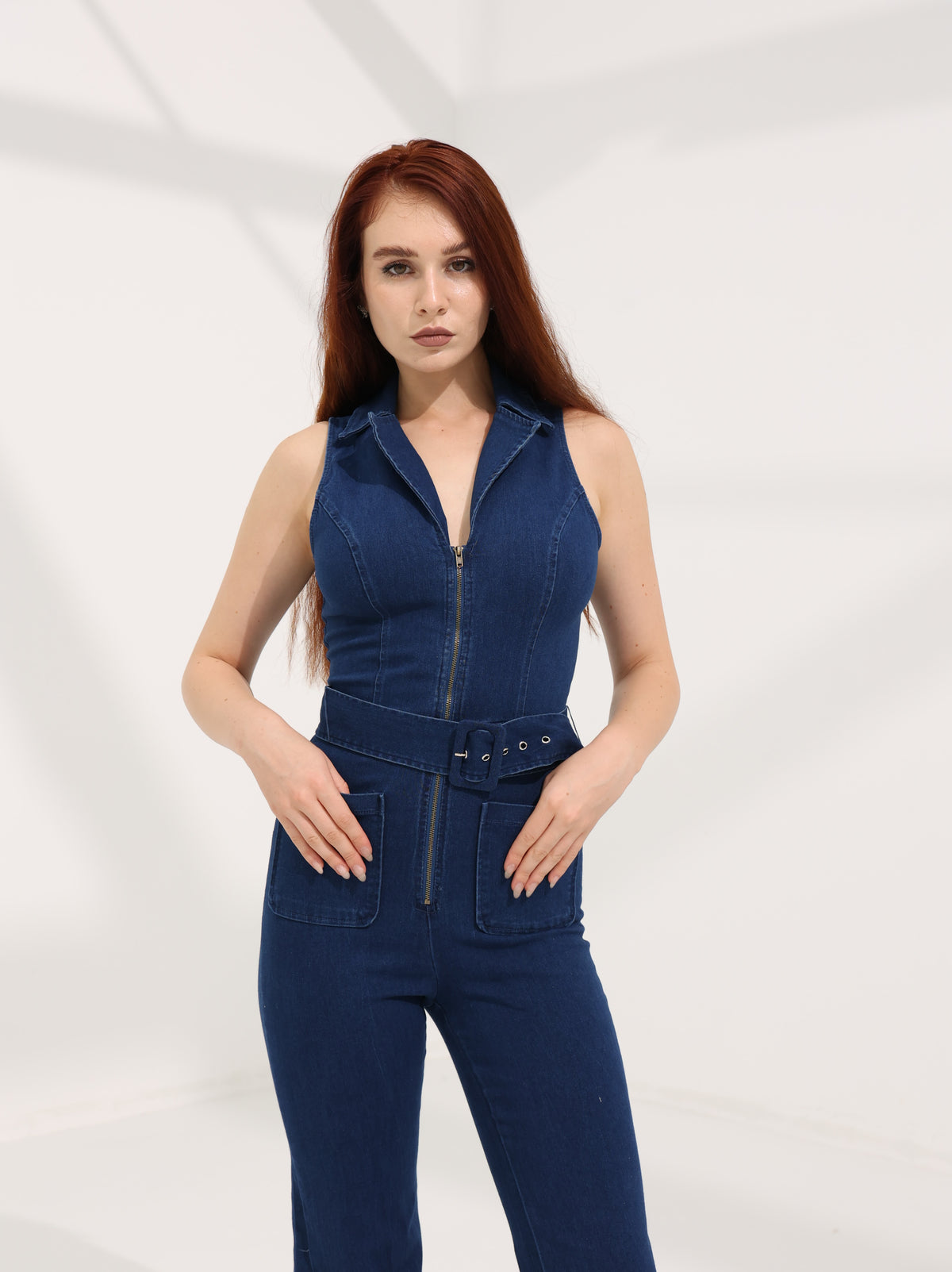 Zip Up Denim Flare Leg Jumpsuit