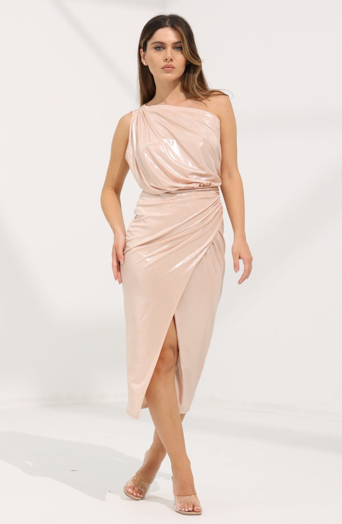 One Shoulder Metallic Midi Dress