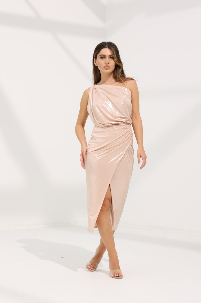 One Shoulder Metallic Midi Dress