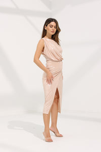 One Shoulder Metallic Midi Dress