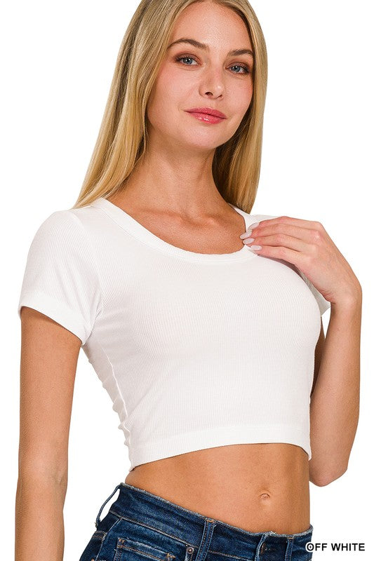 Cotton Scoop Neck Crop- White