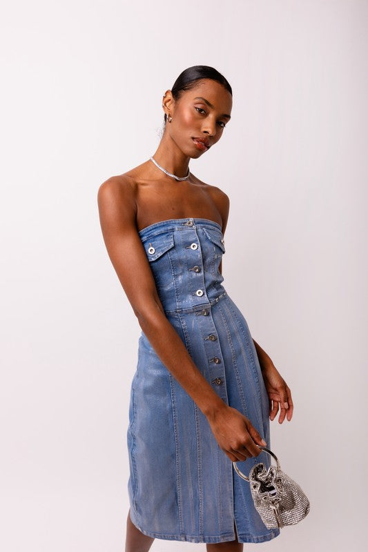 Denim Bandeau Midi Dress