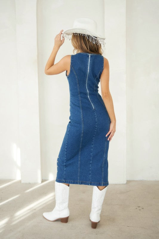 Denim Grommet Midi Dres