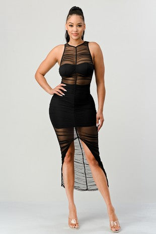 Mesh Lining Slit Midi Dress