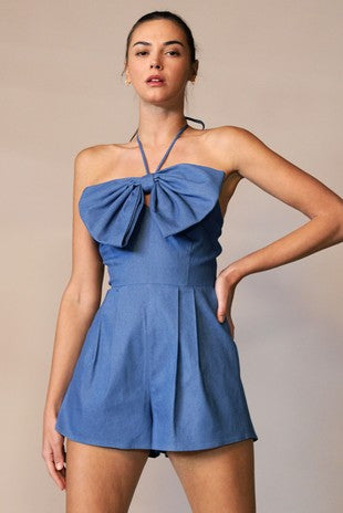 Bow Detail Denim Sleeveless Romper