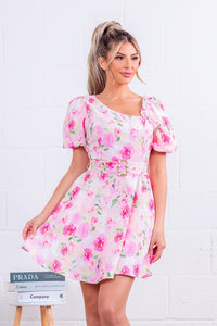 Asymmetric Neck Floral Mini Dress