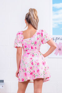 Asymmetric Neck Floral Mini Dress