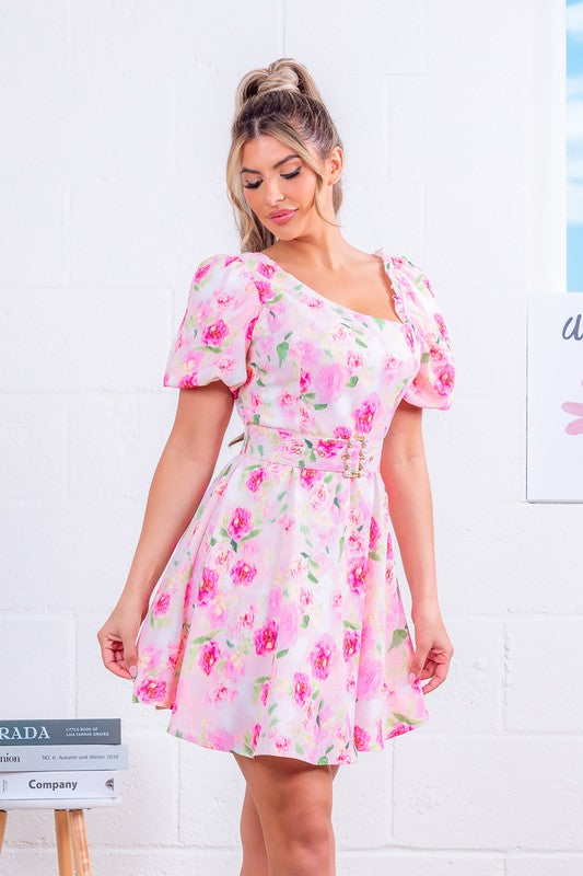 Asymmetric Neck Floral Mini Dress