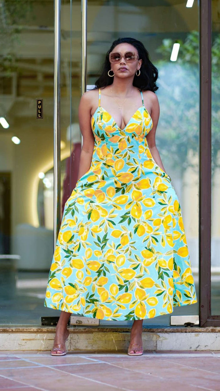 Lemon Print Open Back Dress