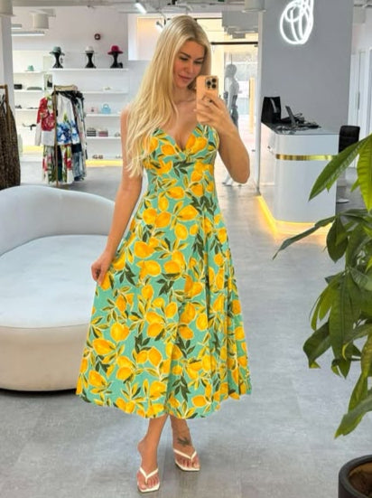 Lemon Print Open Back Dress