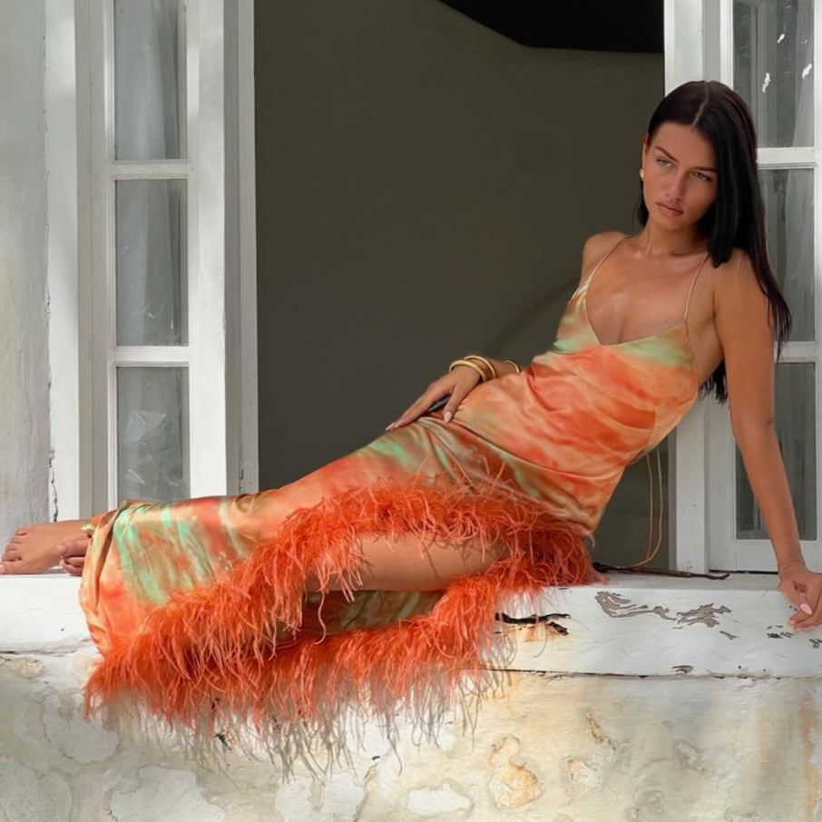 Satin Tie Feather Dress