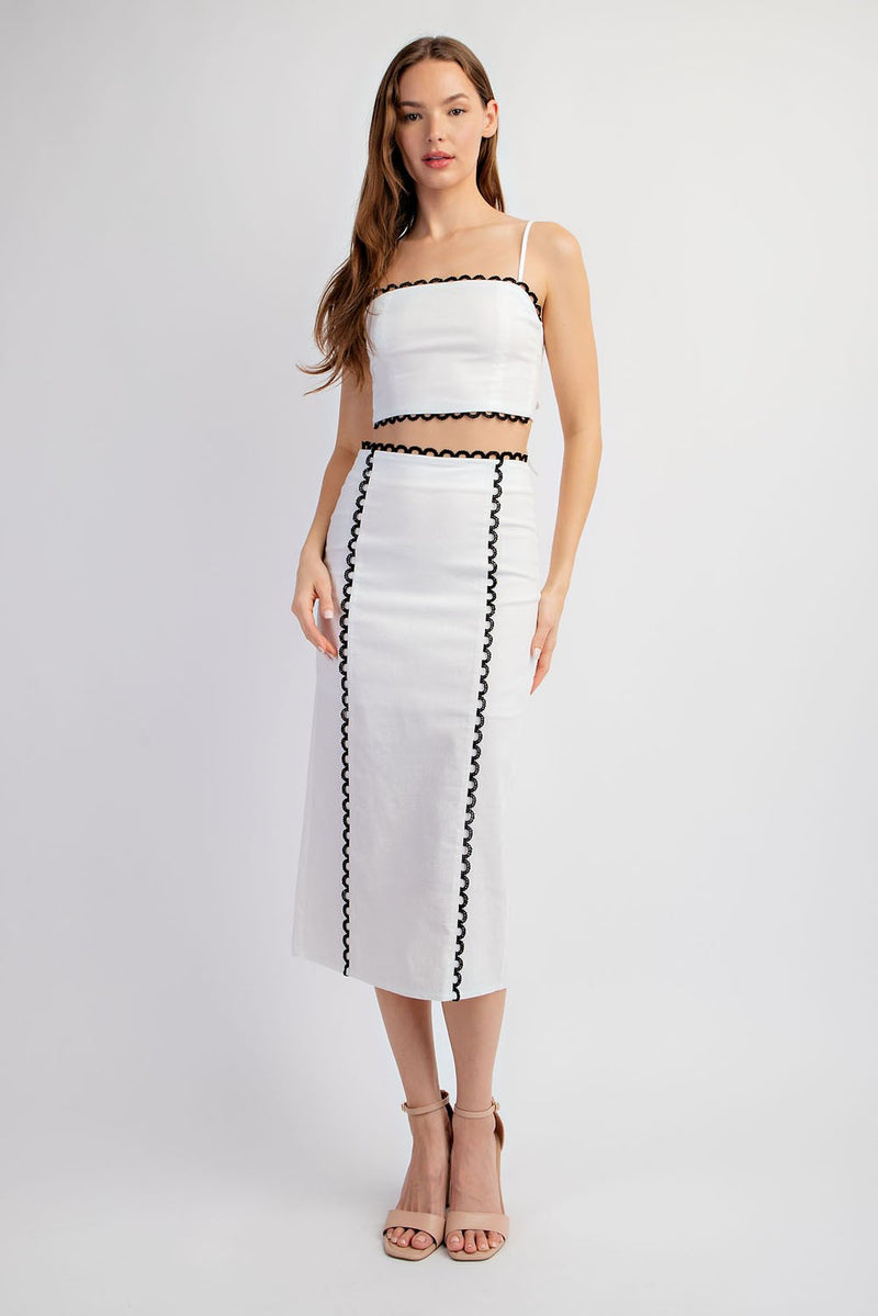 Linen Contrast Lace Detail Crop and Midi Skirt