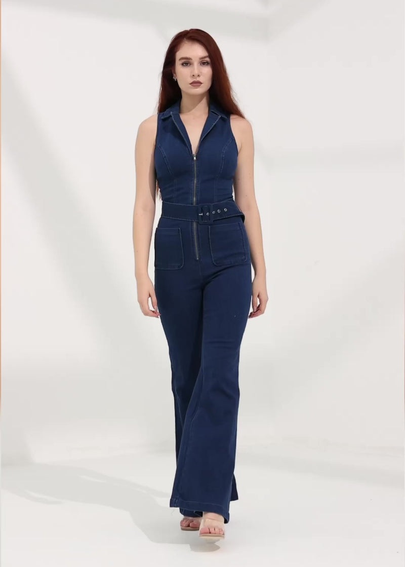 Zip Up Denim Flare Leg Jumpsuit